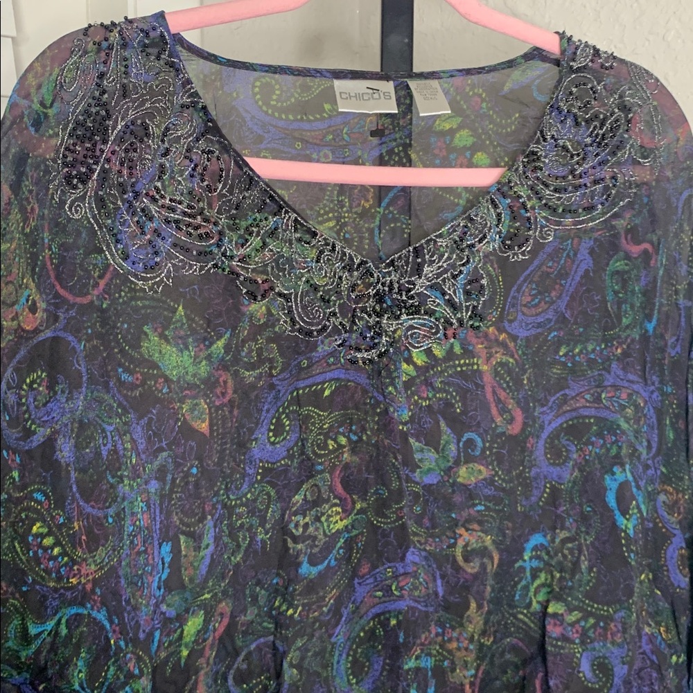 Chicos Elegant Multicolor Paisley silk long sleeve blouse top M/L
